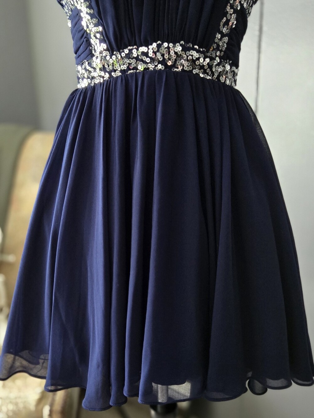 City Studio Navy Blue Strapless Fit And Flare Dress With Sequin Accents - Picture 3 of 9